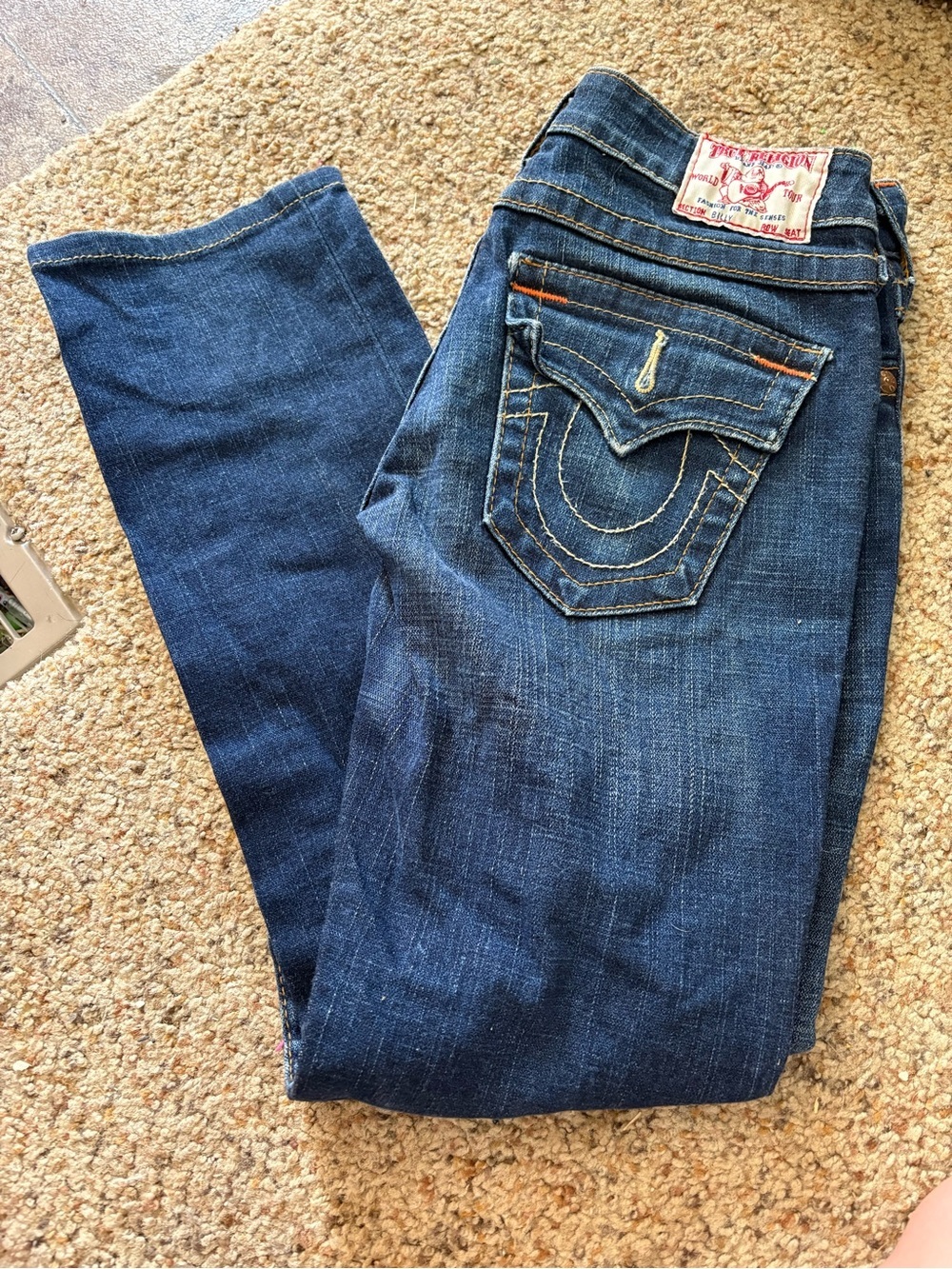 True Religion Women's Dark Blue Boot Cut Jeans with Signature Back Pocket